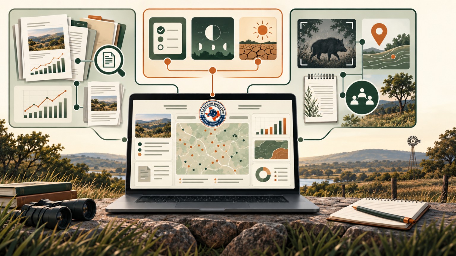 Laptop displaying the THD Tracker surrounded by decorative research, tools, and field-intelligence panels