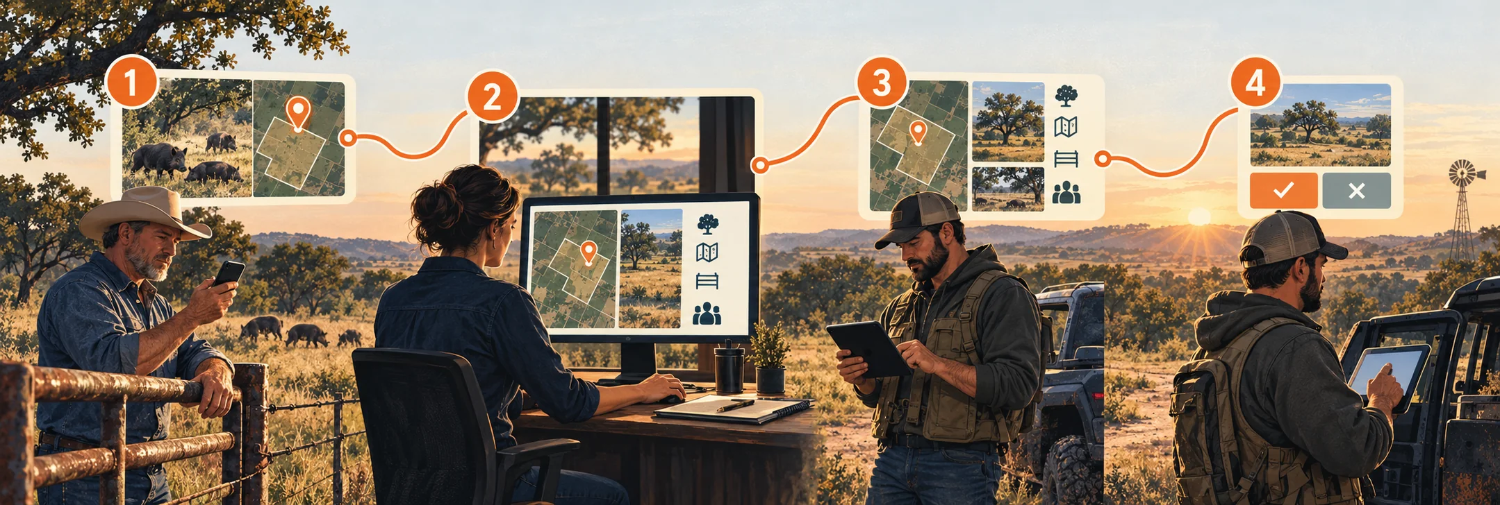 A property owner submits a request, Texas Hog Dispatch reviews it, an operator receives matched details, and the operator chooses whether to pursue it