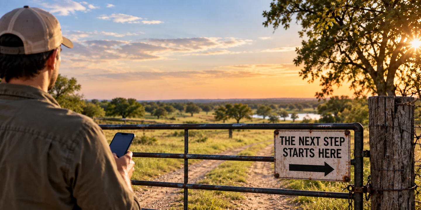 Ranch gate with a sign reading The Next Step Starts Here