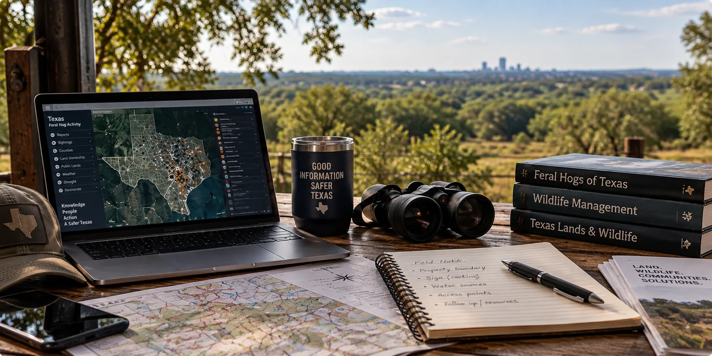 Texas research desk with a map, notebook, books, binoculars, and laptop