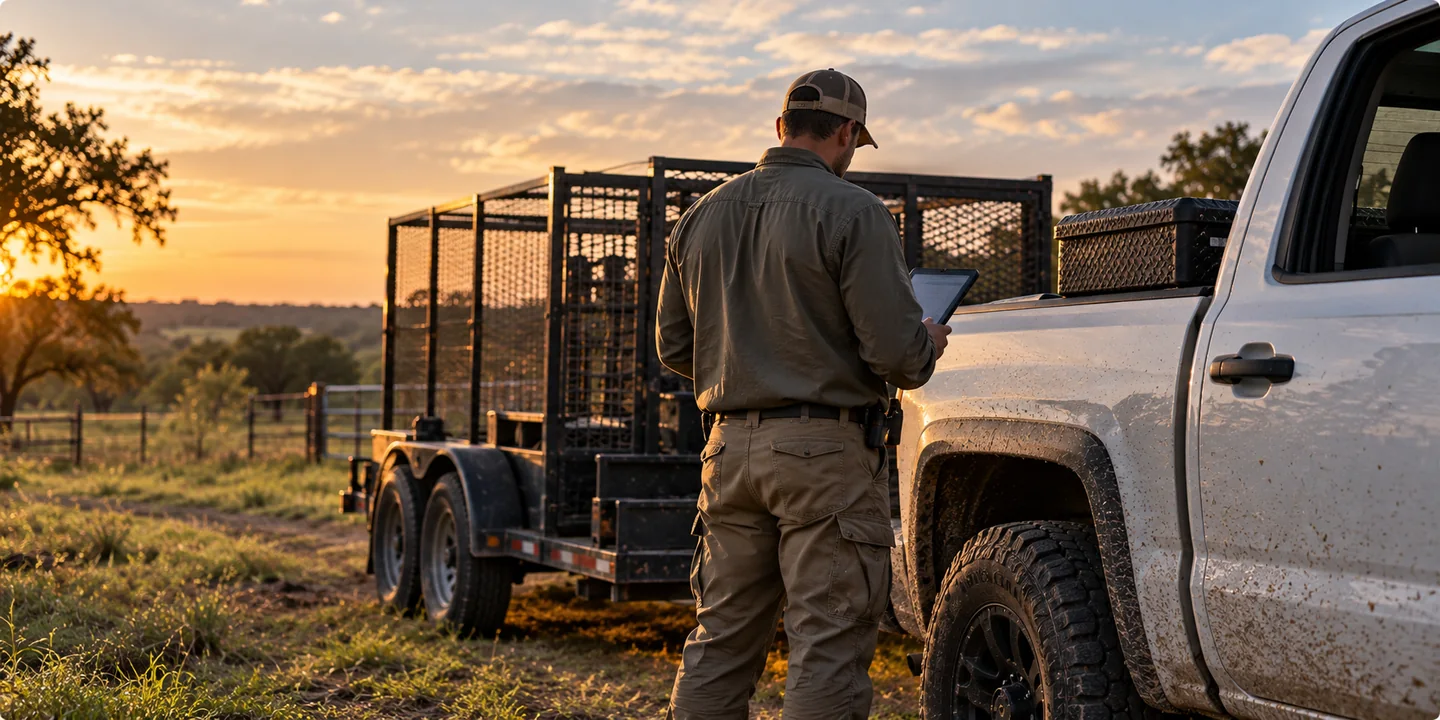 Independent operator beside an unbranded work truck and trailer reviewing information on a tablet
