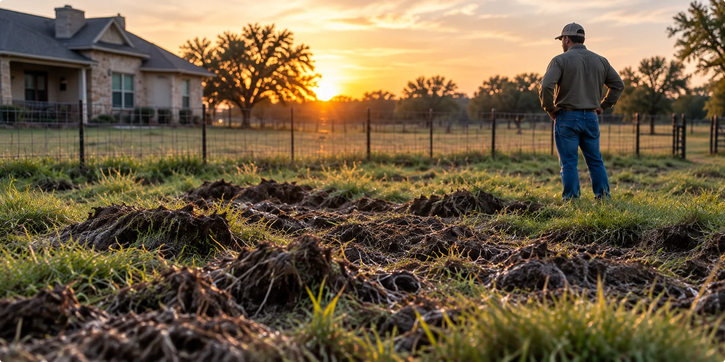 Freshly rooted Texas pasture at sunset, with a landowner looking over the damage