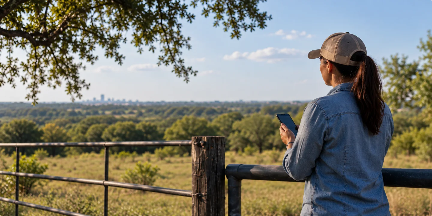 Woman at a Texas ranch gate looking across the land with a phone
